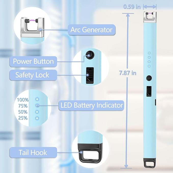 Candle Lighter, Flameless Windproof Electric Lighter with Safety Lock & LED Power Display, Arc Type C Rechargeable Lighters for Fireworks, BBQ, Camping, Gifts for Christmas, Thanksgiving, Halloween
