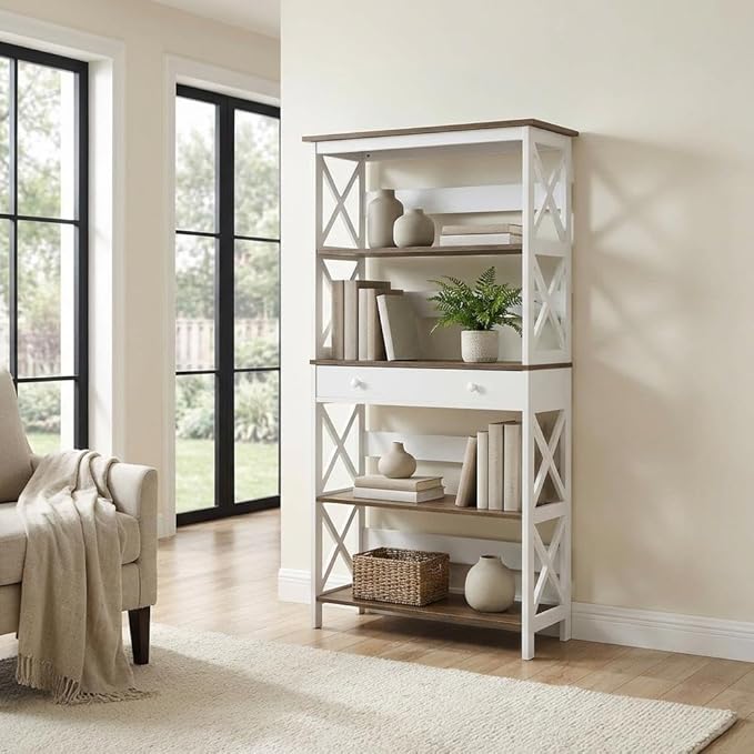 Furnifact Driftwood White 5-Tier Bookcase with Drawer, Durable MDF and Particle Board Construction, Melamine Finish, Stylish Storage Solution