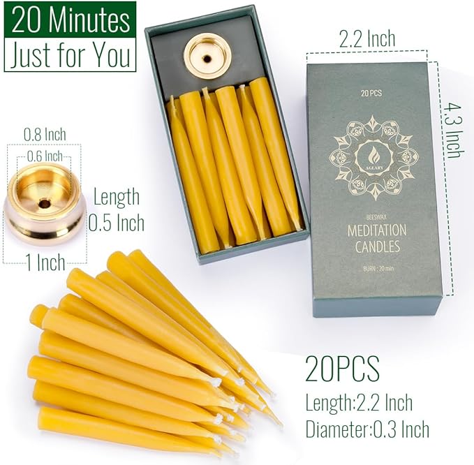 20 Minute Pure Beeswax Candles, Dripless Meditation Candles, Mini Taper Candles, Set of 20 with Brass Candle Holders.