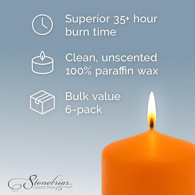 Stonebriar Unscented Pillar Candles – 35 Hour Burn Time, Long-Lasting Wax Candles for Weddings, Holidays, Home Décor & Special Events, Pack of 6, Orange, 3" x 4"