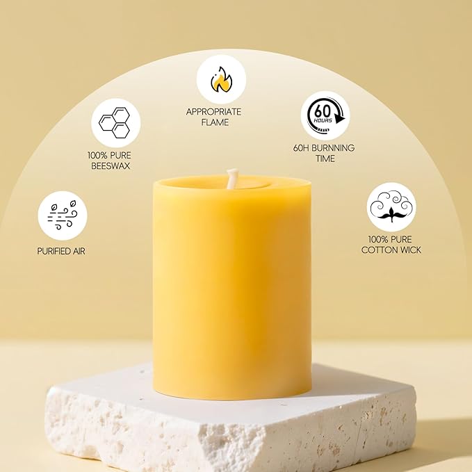 6 Pack Beeswax Pillar Candles - 3x4in 360 Hours Emergency Candles, Beeswax Pillar Candles Long Burning Pure Natural for Home, Dripless & Smokeless Bees Wax Candle for Relax