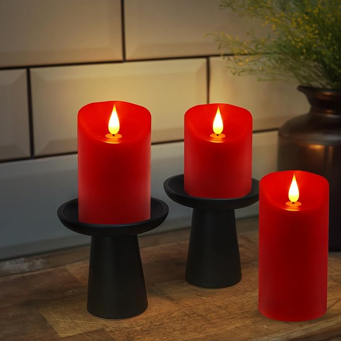ALED LIGHT Red Real Wax Rechargeable Candles Flickering Realistic,Flameless Candles Rechargeable with Remote for Home Decor Idea Gift，Pack 3(D 3”X H 4”5”6”)