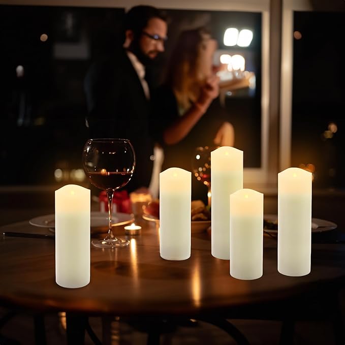 ALED LIGHT Real Wax Rechargeable Candles Flickering Realistic,Warm White Flameless Candles Rechargeable with Remote for Home Decor Idea Gift，Pack 5(D 2.2”X H 5”5.5”6”7”8”)