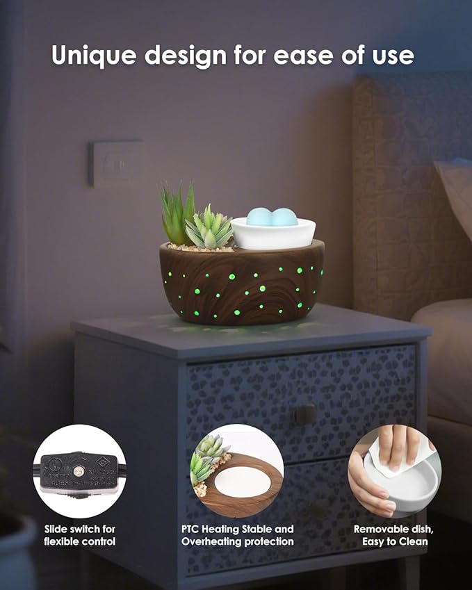 Ceramic Wax Melt Warmer with Japanese Design, 4-in-1 Electric Wax Warmer with PTC Heating Plate and 7-Color LED Lights, Succulent Bowl for Wax Melting, Oil Diffusion, Home Office Spa Decor