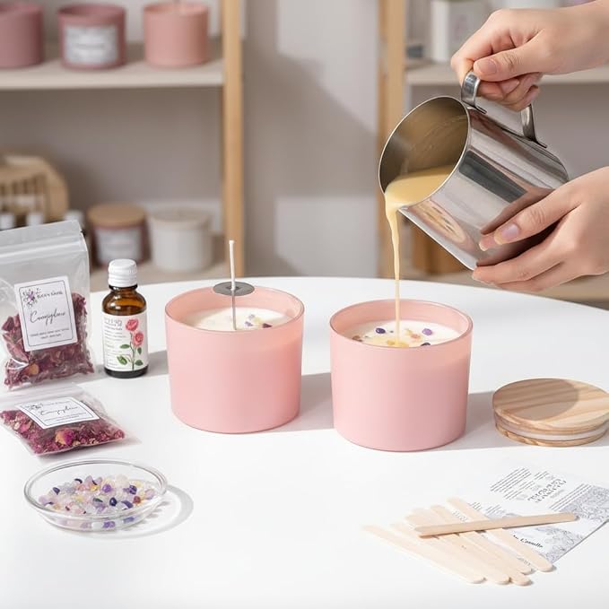 REISEN 6Pcs Assorted Pink Candle Jars for Making Candles, 12oz Empty Candle Jars with Bamboo Lids,Labels and 100g Crystal Rocks, Glass Jars for Candle Making Supplies, Candle Containers for DIY Gifts