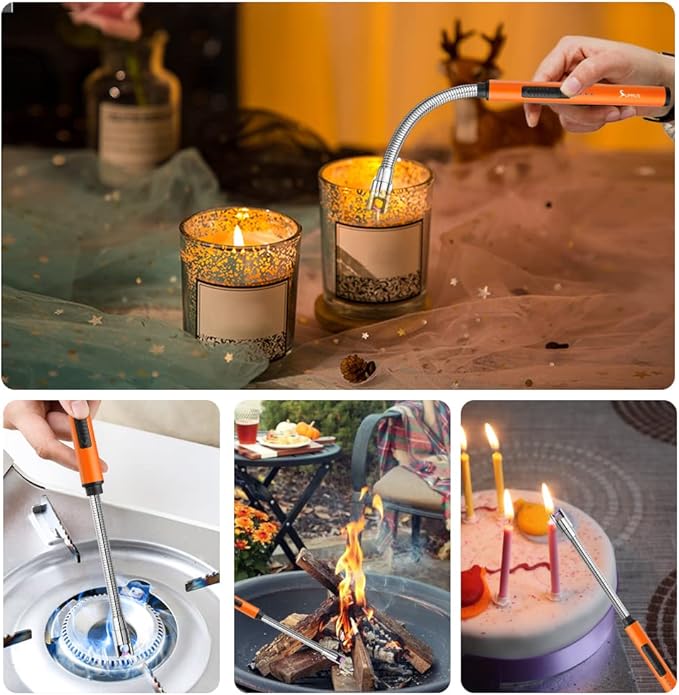 SUPRUS Fluorescent Lighter Glows in The Dark 360°Flexible Neck USB Rechargeable Windproof Triple Safety for Candle Cooking BBQ in Party (Orange)