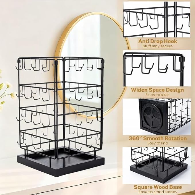 360 Rotating Earring Display Holder Stand, Large Capacity 64-Hook Jewelry Display and Storage Rack，For retail displays, seller sales, and women's vanity earring organization (Black)