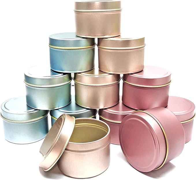 Unixing 8oz 12Pcs Metal Candle Tins for DIY Candle Big Container for Making Light Blue Champagne Rose Gold Cantainer Tins
