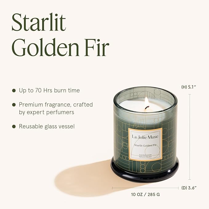 LA JOLIE MUSE Starlit Golden Fir Scented Candle, Pine, Cedarwood & Fir Balsam, 75-Hour Long Burn, Natural Soy Wax, Decorative Glass Jar Candle with Gift Box