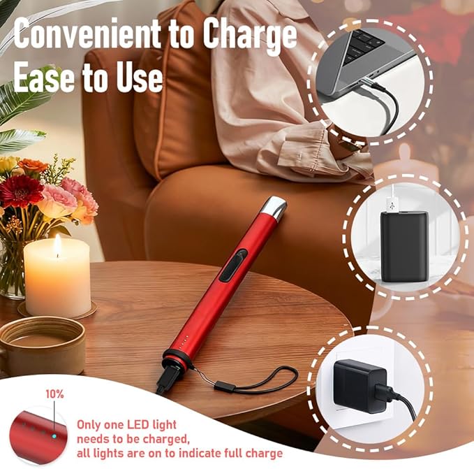 Candle Lighter, Electric Rechargeable USB Arc Windproof Flameless Plasma Lighter Long Stick with Rope and Ring, No Butane Fluid, Perfect for Candle BBQ Camping Kitchen Stove, Red