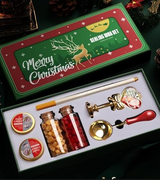 Mceal Christmas Wax Seal Stamp Kit with Santa Claus Handle,2 Colors Wax Beads, Melting Spoon,Golden Color Pen,2 Candles for DIY Gift Wrapping, Holiday Greeting Cards