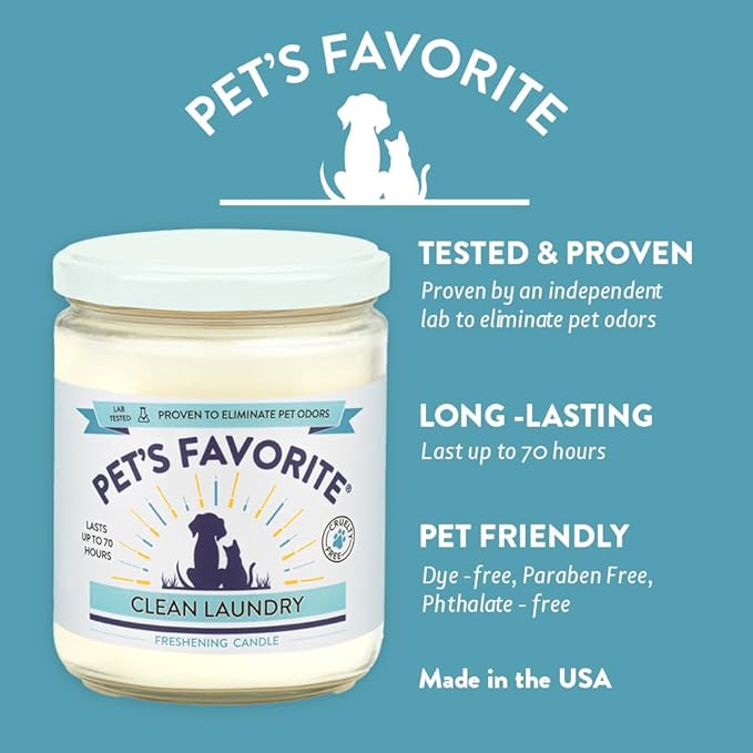 Pet's Favorite Plant Based Odor Candle for Home, Clean Burning Pet Friendly Air Freshener Candle with a Natural Fiber Wick and 70 Hour Burn Time, Fresh Laundry