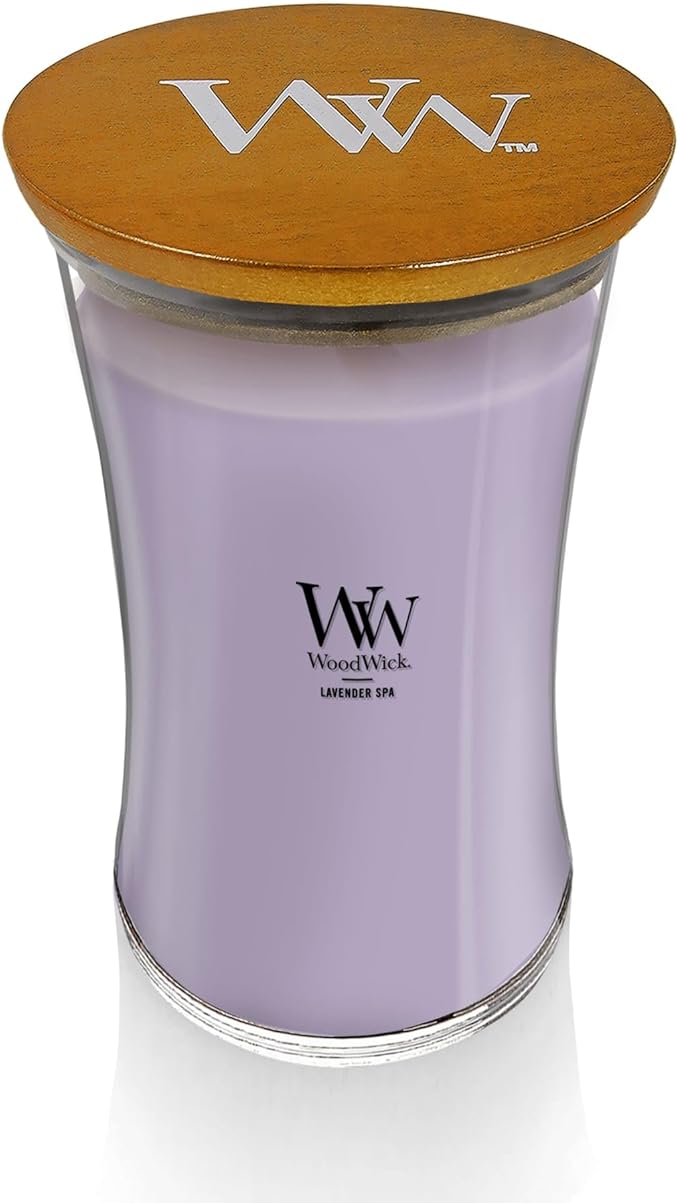 WoodWick Lavender Spa Gifts for Women and Men, 21.5 oz Large Hourglass Candle with Crackling Wick