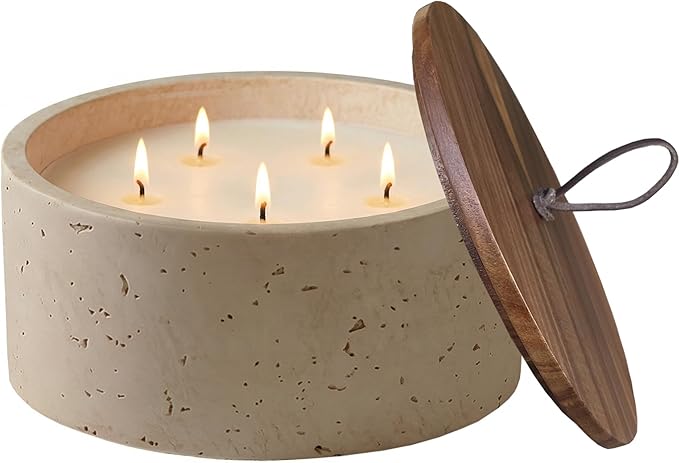 Scented Candle - Amber & Musk & Vanilla, 42 oz. 5 Wick Large Candle Made with Coconut Oil and Soy Blend Wax | Acacia Wood Lid