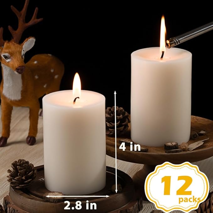 Ivory Pillar Candles – 2.8x4 Unscented Candle Set of 12 – Dripless, Smokeless, and Clean Burning Household Large Decorative Table Candles – Perfect for Weddings, Parties, Dinners