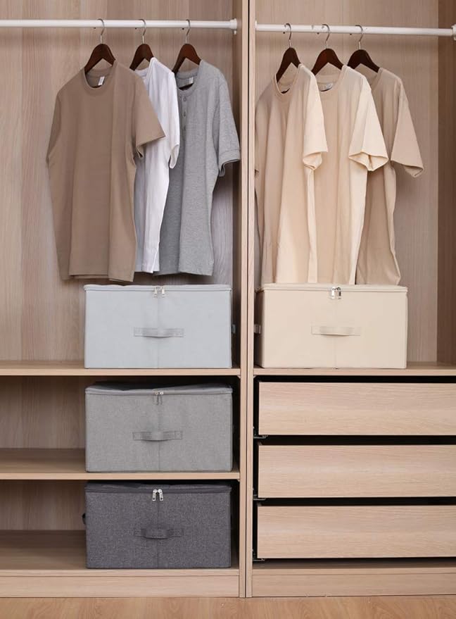 iwill CREATE PRO Collapsible Rigid Storage Bins with Lid, Shelves Clothes Storage Cubes, Tide Up Your Wardrobe, Beige, Set of 2