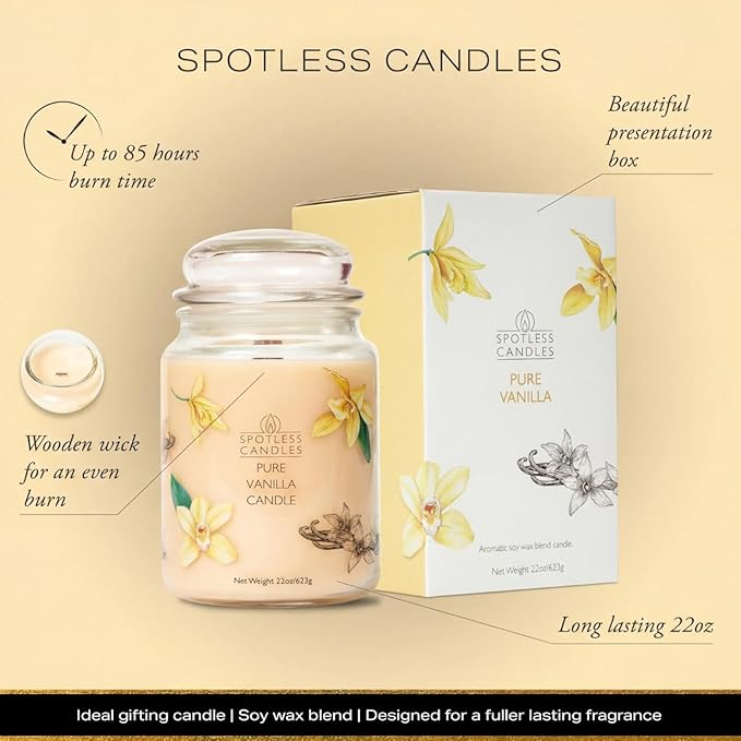 Pure Vanilla Scented Candle 22oz – 80-85 Hour Burn Time, Wooden Wick, Large Glass Jar with Lid, Warm Cozy Fragrance for Home Relaxation & Gift by Spotless Leopard