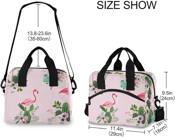 CBBYY Flamingo and Cactus Flowers Lunch Bags for Women Men, Reusable Insulated Lunch Box, Adjustable Shoulder Straps Tote Lunch Bag for Work Picnic School