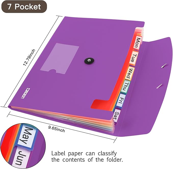7 Pocket Accordian File Folders, Expanding File Folder A4 Letter Size Paper Portable Document Organizer-Purple