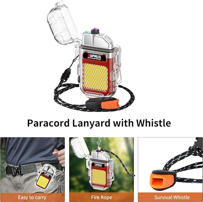SUPRUS Waterproof 3 Modes of Flashlight Windproof Lighter Dual Arc Electric Rechargeable Dual Arc Plasma Lighter with Survival Emergency Whistle and Lanyard (Red)
