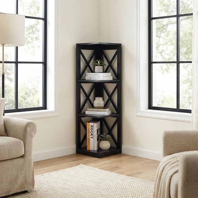 Furnifact Black 3-Tier Corner Bookcase with Durable Non-Lead Paint Finish, Stylish Storage Solution for Living Room, Office, or Bedroom