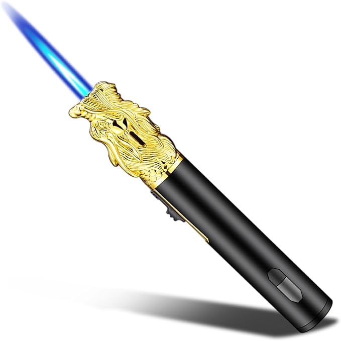 Torch Lighter - Refillable Butane Lighter with Adjustable Flame, Windproof Jet Flame, Transparent Gas Window - Long Lighter for Candles, Kitchen, Outdoor Use (Gas Not Included)-Gold