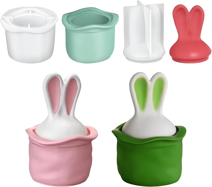 2-Piece Bunny Ear Storage Jar Silicone Mold Set, Lid & Base with Ergonomic Grip Design - DIY Candle Holder, Aromatherapy Plaster, Resin Craft Box for Home Decor, Easter Gift