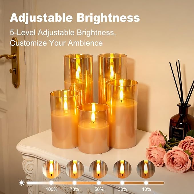 Rechargeable Flameless Candles, Realistic Flickering LED Flameless Candles Real Wax Candle with Remote Control and Timer, Gold Glass Electronic Candle, 1 Set of 5（Gold）
