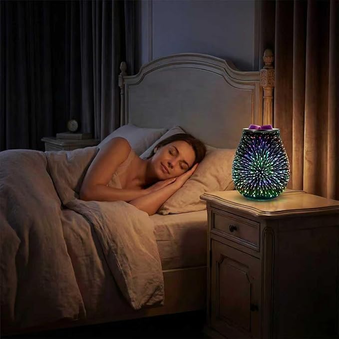 Inrorans Glass Electric Wax Melt Warmer Oil Burner with Stable Heating PTC Reusable Silicone Tray 7 Colorful Changing Led Light Night Light Scent Warmer for Home Fragrance Warmers-Fireworks Timer