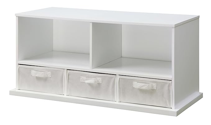 Badger Basket Stackable Toy Storage Organizer - 5-Shelf Modular Unit with 3 Removable Fabric Bins, Solid Panel Construction, Expandable Design for Toys and Crafts - White