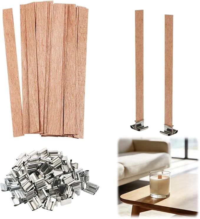 100-Pack Crackling Wooden Candle Wicks — Natural Thick & Smokeless, 0.75 x 5.12 Inch, with Metal Wick Clips and Holder Bases