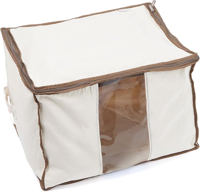 Covermates Canvas Storage Bag for Blankets, Clothes & Décor, 100% Cotton Breathable Fabric, Clear ID Window, Dual Zipper Closure, Carry Handles, Closet Organization, Natural
