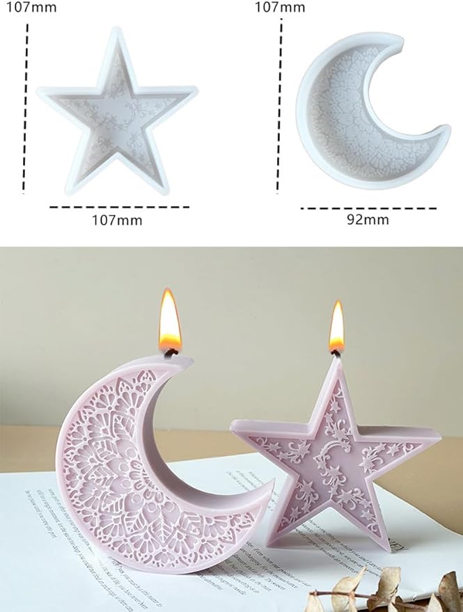 Konrisa 2pcs Star Moon Candle Molds, Silicone Resin Casting Mold for Candles Making Aromatherapy Candles Handmade Wax Home Decoration