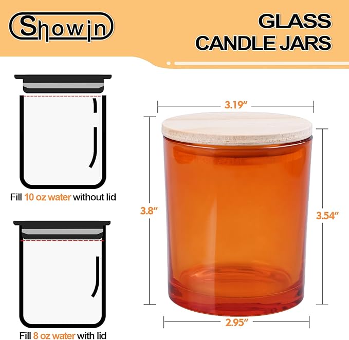 SHOWIN 10 OZ Thick Candle Jars for Making Candles 15 Pcs, Empty Jars with Wood Lids for Candle Making, Sample Container, Clear Orange