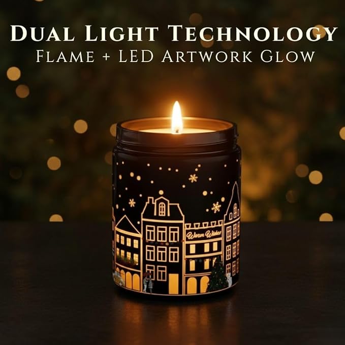 Sandalwood Scented Candle – Dual Light Glow Jar Candle (Real Flame + Heat Activated LED), Soy Wax Blend Aromatherapy Candle, 40-Hour Burn, Decorative Candle for Bedroom, Bathroom & Home Gift, 7oz