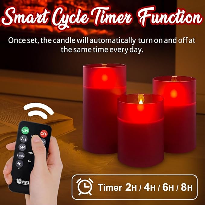 Rechargeable Flameless Candle, Flickering LED Pillar Glass Fake Candle with Remote and Timer, Built-in Battery Real Wax Electronic Candle for Room Decoration, Set of 3