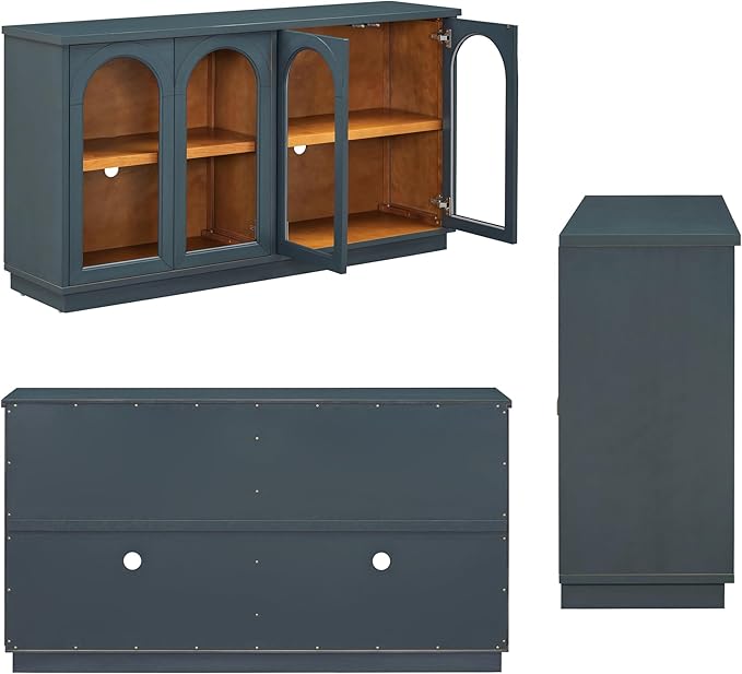 Amposei 57.7-Inch Vintage Sideboard Cabinet 4 Glass Door Storage Cabinet Buffet Console Table with Adjustable Shelves for Kitchen Entryway Dining Living Room, Navy