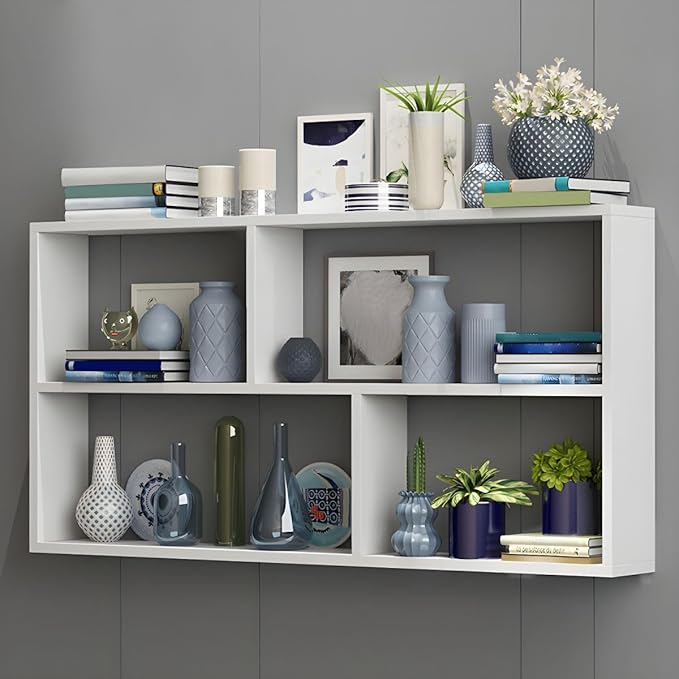 RUNNUP Floating Wall Mount Bookcase Engineered Wood Book Shelf Decor Wall Shelf for Study Room Office Living Room, White 47.2" L x 9.4" W x 25.6" H