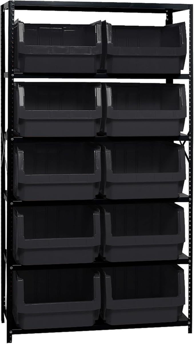 Quantum MSU-543BK Heavy-Duty Modular Magnum Steel Shelving Storage Rack Unit for Manufacturing Warehouse Distribution | (6) Shelves; (10) QMS543 Black Bins | 42"W x 18"D x 75"H, Gray, Carbon Steel