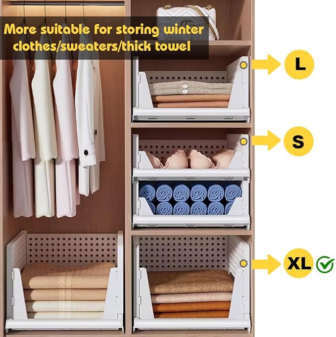 yazi 4XL Stackable Plastic Storage Basket, 4 Packs closet storage bins for clothes sweater organizer for closet Folding closet organizers