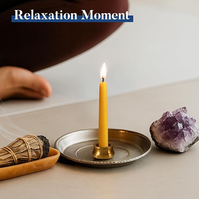 Crenovo 20 Minute Beeswax Meditation Candles, 12 Pack Mini Taper Candles with Brass Holder, Dripless, Smokeless, Gift-Ready Packaging for Meditation and Prayer