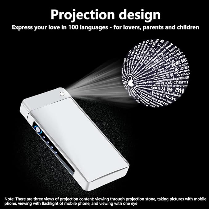 Plasma Lighter Rechargeable, Windproof USB Lighters Arc Cool Lighter with Projection Stone, Visual Battery Auto-Off, Vintage Custom Lighters Design for Outdoor Camping Candle Gift（Silver）