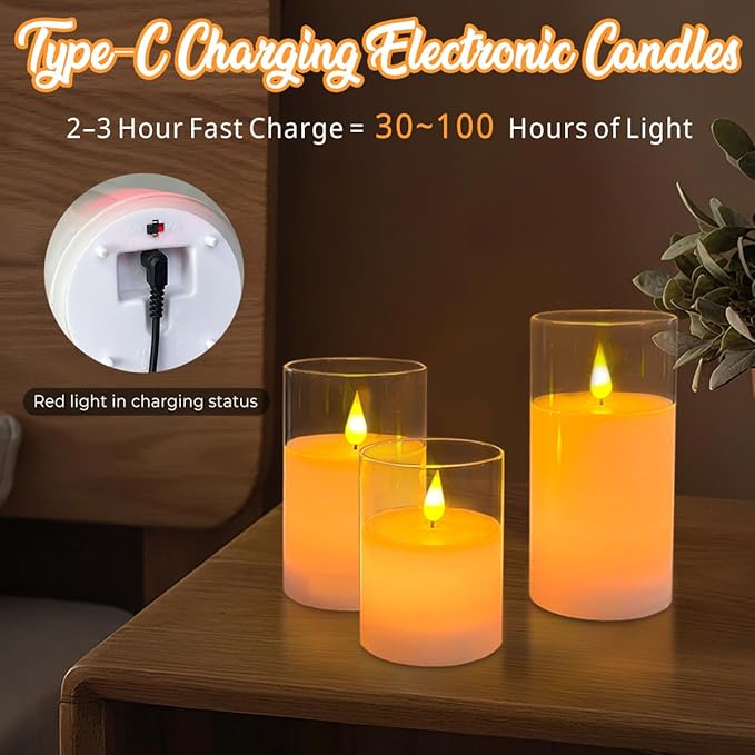 Rechargeable RGB Flameless Candles, Clear Glass LED Pillar Candle with Remote & Timer, Set of 3 — Color-Changing Decorative Candles for Living Room, Bedroom, Holiday Décor & Gifts for Women