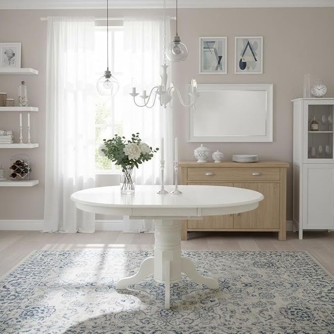 Furnifact Oval Dining Table with 18-Inch Self-Storage Butterfly Leaf, Linen White Solid Wood Pedestal Table