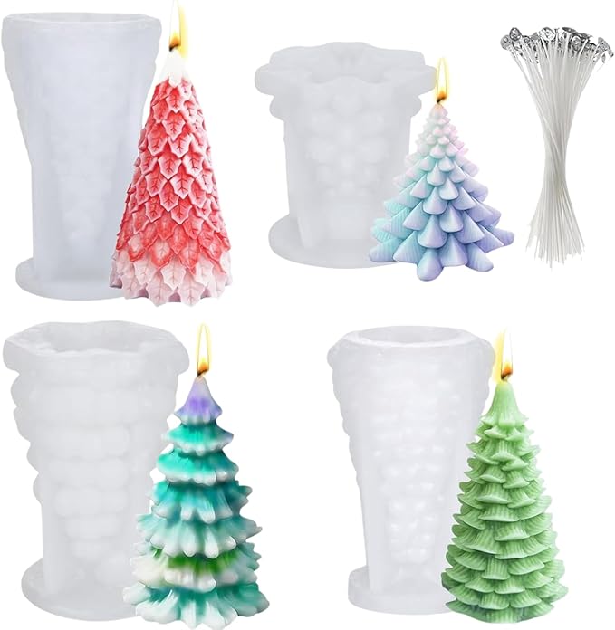 4pcs Christmas Silicone Mold Set for Candle Making, Atarvana 3D Christmas Candle Making Molds with 10pcs Candle Wick-Christmas Trees, Santa Claus, Pine and Ginger Man