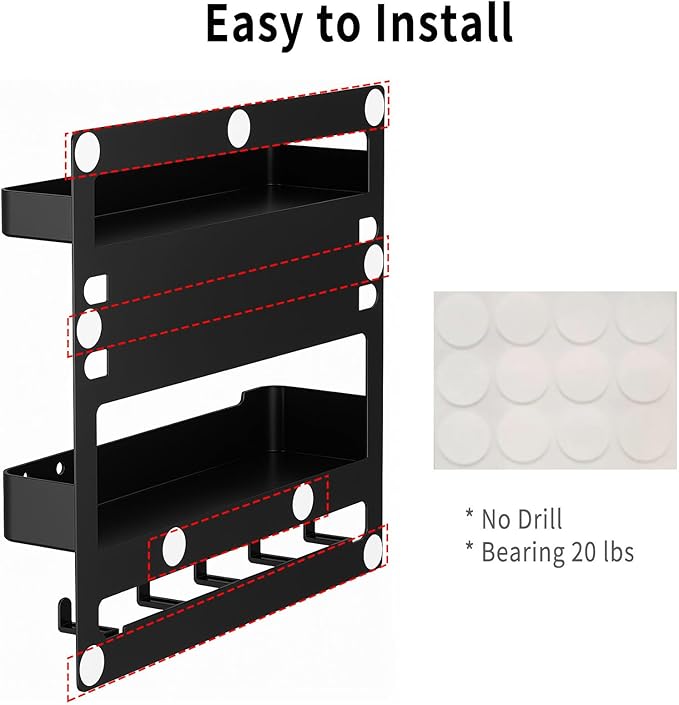 Wall Mount Bedside Shelf with Hooks, Adhesive Bedroom Organizer Storage for Phone, Remote, Kindle, Earphone, Dorm Room, RV, Office – Plastic Storage Rack (White)