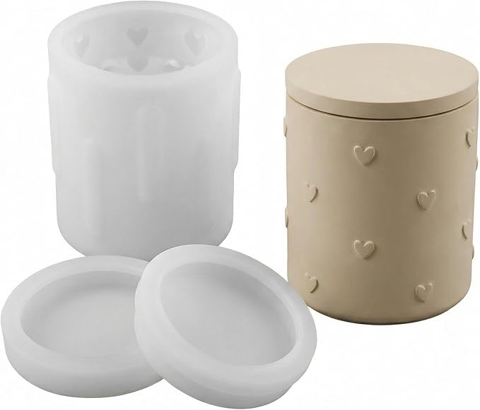 3D Heart Emboss Lidded Cylinder Silicone Mold, Candle Holder Storage Jar Mold for DIY Candle, Plaster Ornament, Romantic Home Decor & Craft Making