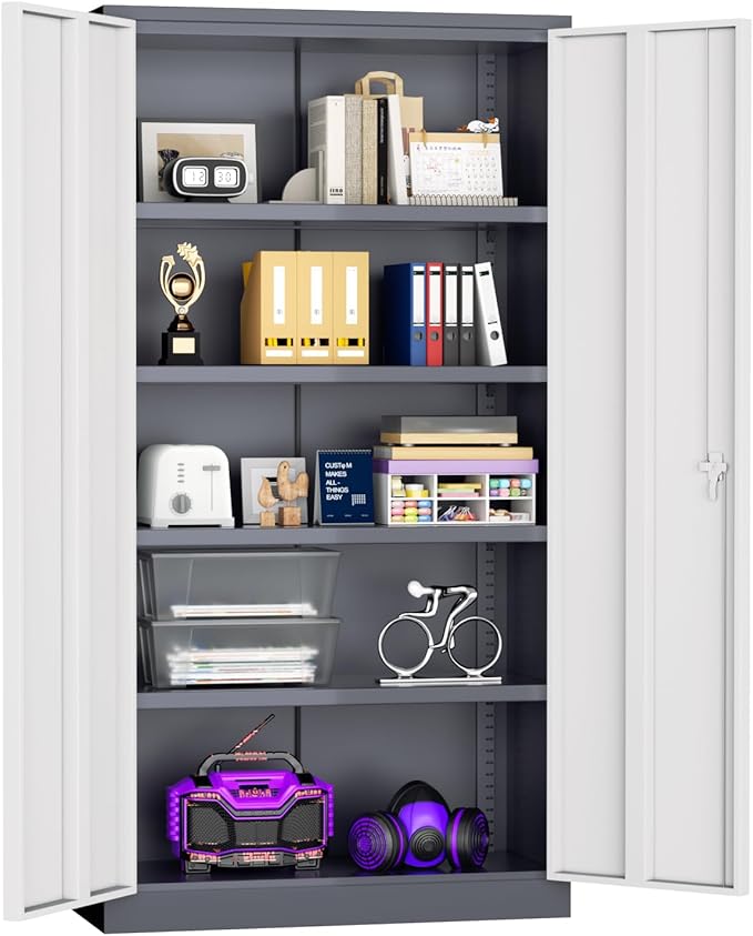 Superday Metal Storage Cabinets, 72" Storage Cabinet with Locking Door, Tall Garage Cabinet with 2 Doors and 4 Adjustable Shelves for Home Office, Classroom, Easy Assemble(White Grey)