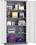 Superday Metal Storage Cabinets, 72" Storage Cabinet with Locking Door, Tall Garage Cabinet with 2 Doors and 4 Adjustable Shelves for Home Office, Classroom, Easy Assemble(White Grey)