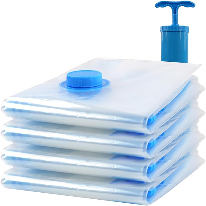 4 Pack Vacuum Storage Bags, Space Saver Bag Vacuum Seal Bags for Clothing Travel Moving Blankets Pillows Storage and Organization, Hand Pump Included